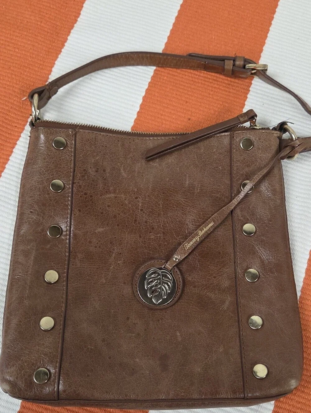 Tommy Bahama Brown Leather Crossbody Bag with Stud Accents